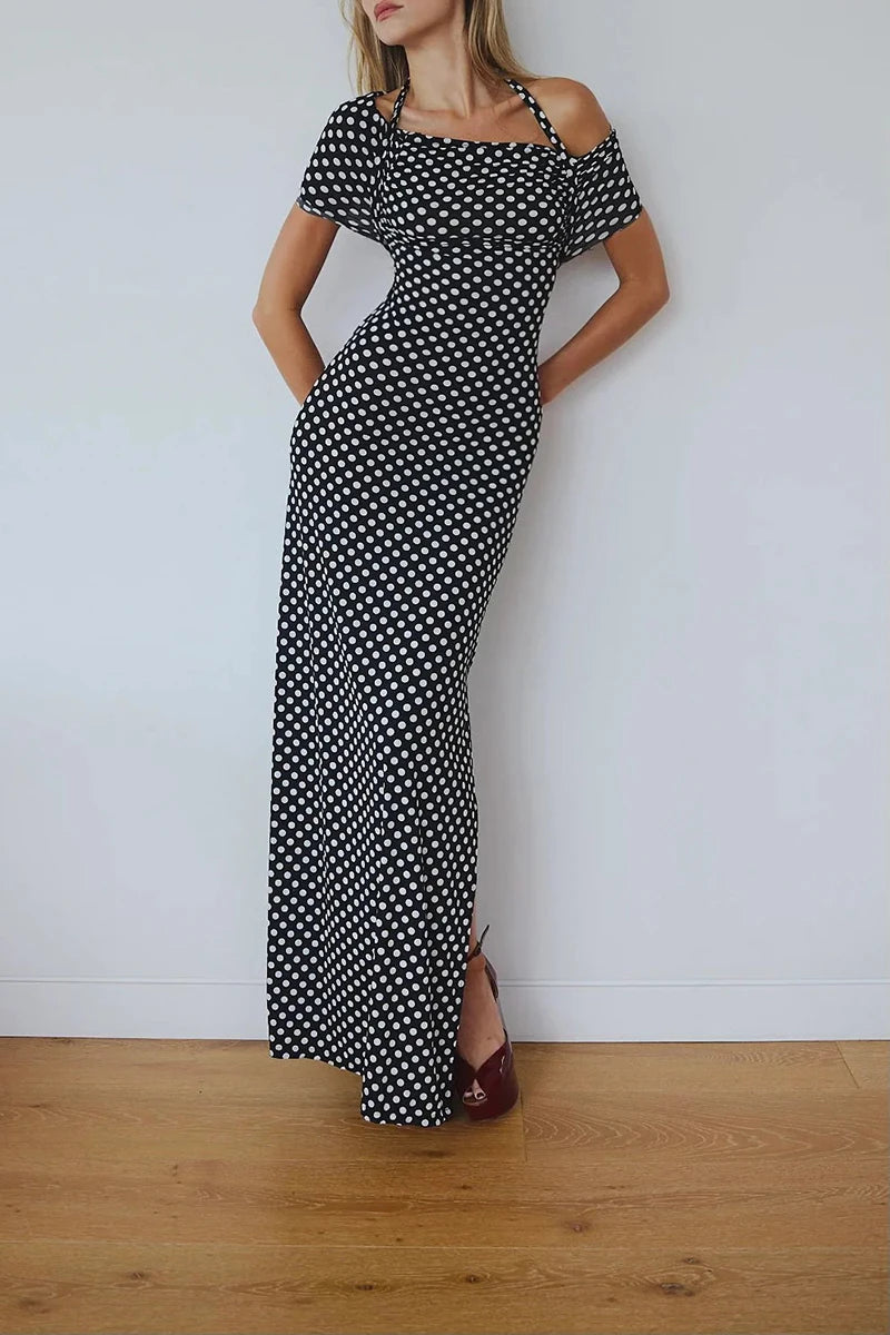 Halter Dresses - Off-shoulder Polka Dot Maxi Dress For Women Gown Fashion Halter Sleeveless Backless bodycon Split Long Dress Elegant