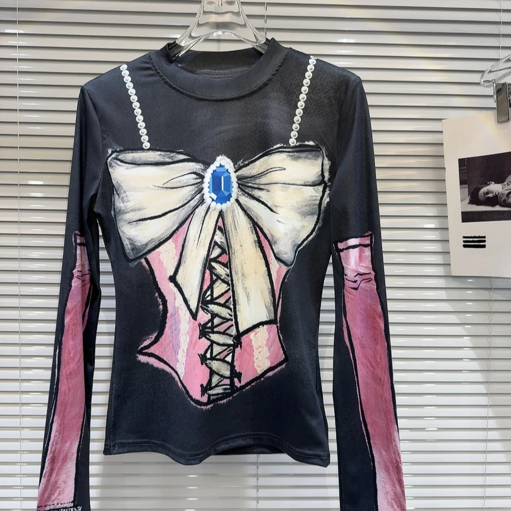 Casual Tees - Spring New Items T-shirt For Women colorful print Bow Mesh Long Sleeve Stretch Fashion Trendy Tops Female 11XX8251