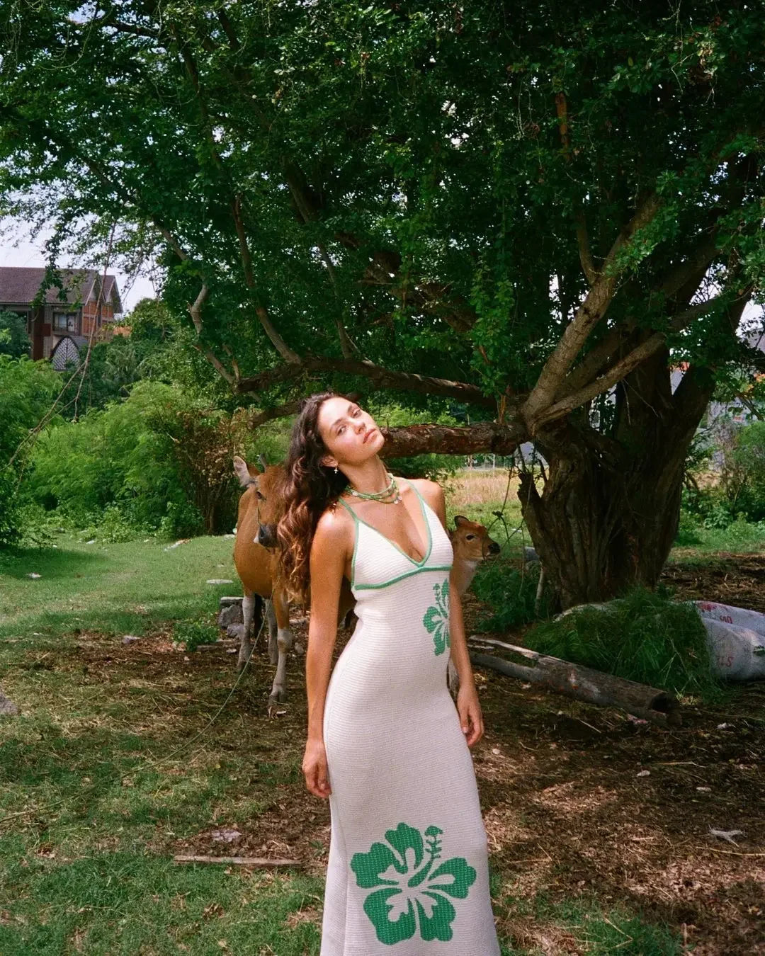 Vacation Dresses - 2024 Summer New Knitted Halterneck with Suspenders V-neck Sexy Backless Fashion Flower Print Slim Dress