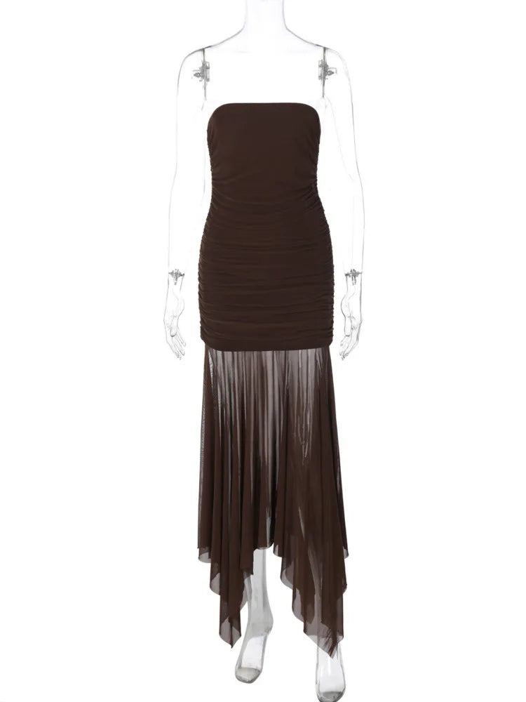 Elegant Dresses - Off-shoulder Strapless Sexy Maxi Dress For Women Borwn Sleeveless Backless High Waist Bodycon Club Long Dress Elegant