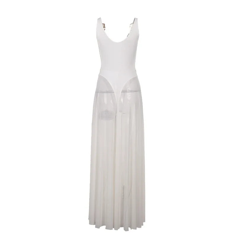 See-through Dresses - White Mesh Pleated Evening Club Party Dress Women Robes Backless Elegant Sexy Dress Bodycon Long Summer Dress Vestidos