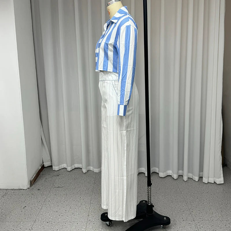 Pants Set - 2 Piece Set Autumn Women Office Elegant Striped Printed Lapel Long Sleeve Single Breasted Button Top Loose Pants Sets