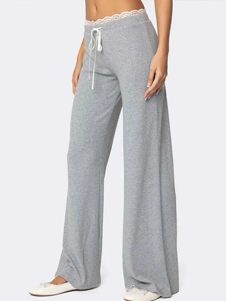 Loungewear - Women Lace Top Pant Suit Casual Bow Lace Up Patchwork Blouse Loose Elastic Waist Trouser Female Sets 2025 Spring Lady Streetwear