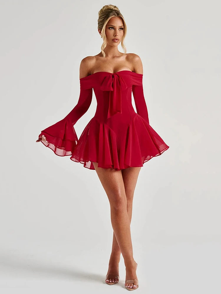 Party Dresses - Strapless Long Flare Sleeve Sexy Mini Dress For Women Robe Off-shoulder Backless High Waist A-line Club Party Dress