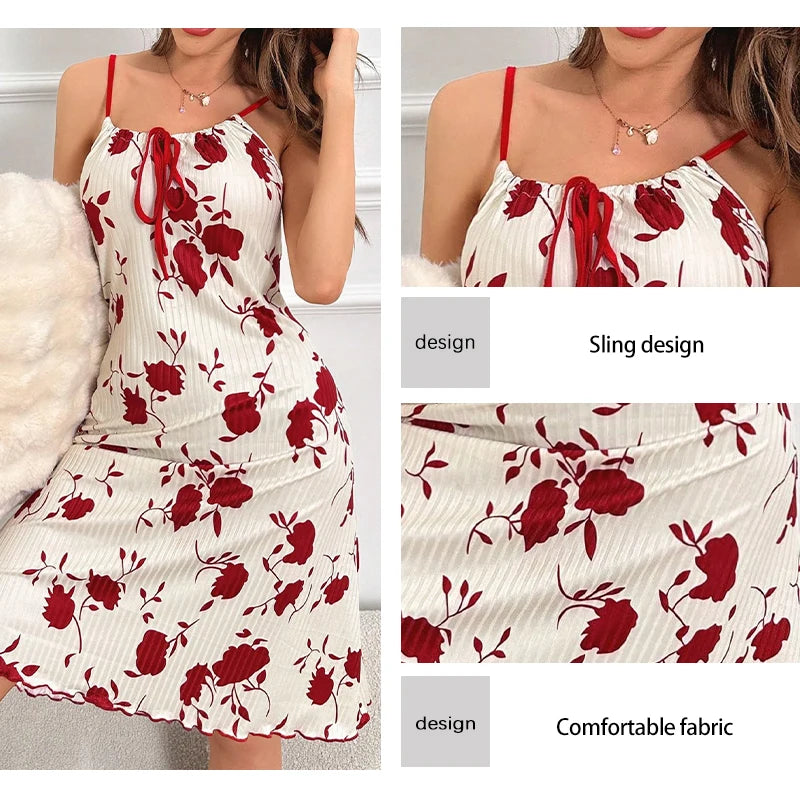 Loungewear - Women's Printed Knitted Ribbed Nightgown Women's Long Casual Backless Ice Silk Printed Sleeveless Suspender Sexy Nightgown