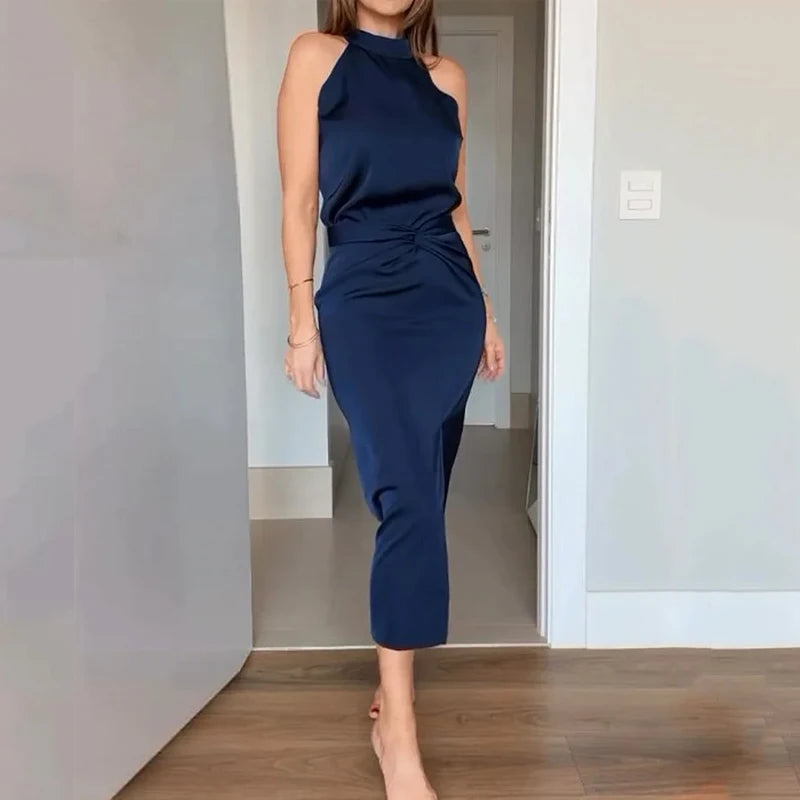 Skirts set - Piece Set Women Summer Elegant Fashion Solid Round Neck Sleeveless Top A Line Twisted Pleated Slit Slim Long Skirts Set