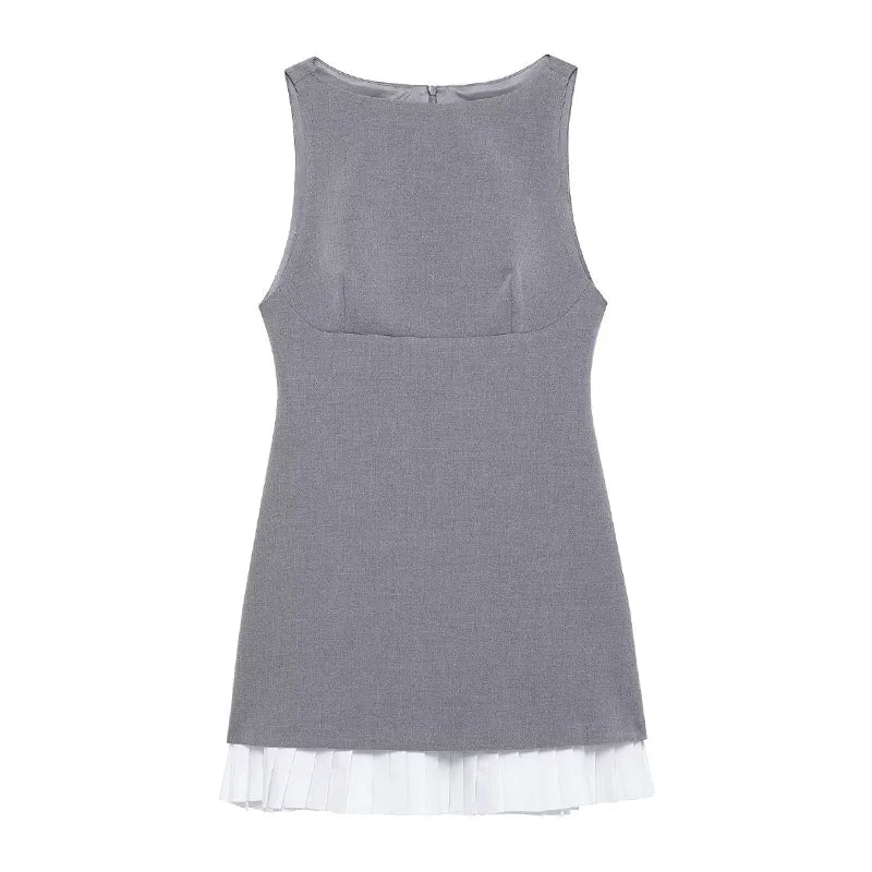 Business Casual Dresses - Women's High Street Sexy Dress Grey O-Neck Sleeveless Patchwork Decorate Zipper Female Summer Fashion Mini Dresses