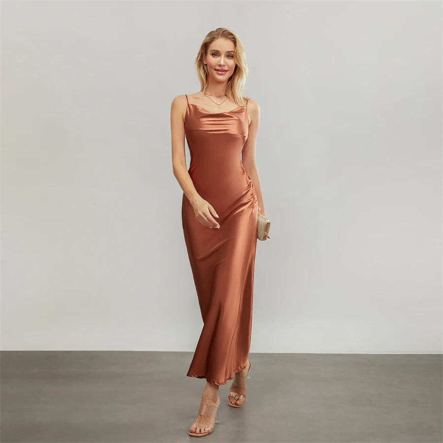 Satin Dresses - Backless Spaghetti Straps Party Long Dresses 2024 New Evening Gown Satin Vestidos Women's Cowl Neck Slip Wrap Dress