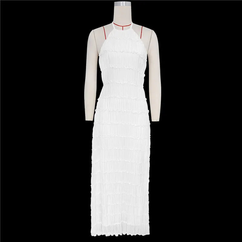 Party Dresses - Mozision Halter Backless Sexy Maxi Dress For Women Spring Summer New Lace-up Sleeveless Pleated Beach Holiday Long Dress Elegant