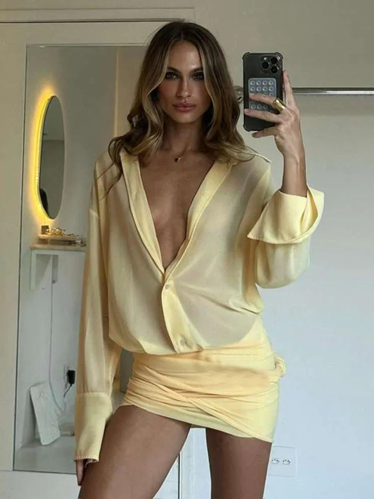 Blouson Dresses - Sexy Long Sleeve Turn-down Colla Bag Hip Strap Shirt Dress For Women See Through Patchwork High Waist Dress Streetwear