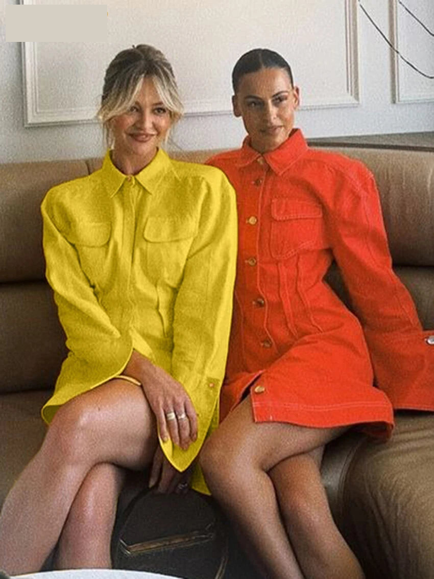 Matching Sets - Fashion Slim Yellow Cotton 2 Piece Set Women Outfit 2025 Elegant Long Sleeve Shirt With High Waist Mini Skirt Set Female