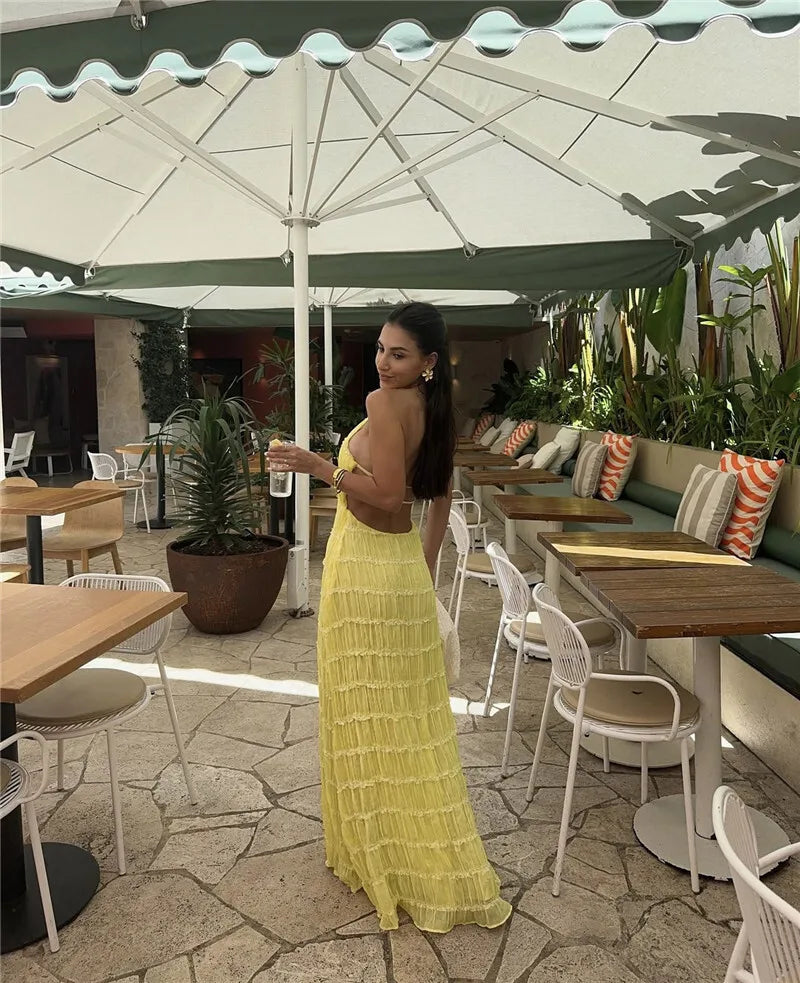 Party Dresses - Mozision Halter Backless Sexy Maxi Dress For Women Spring Summer New Lace-up Sleeveless Pleated Beach Holiday Long Dress Elegant