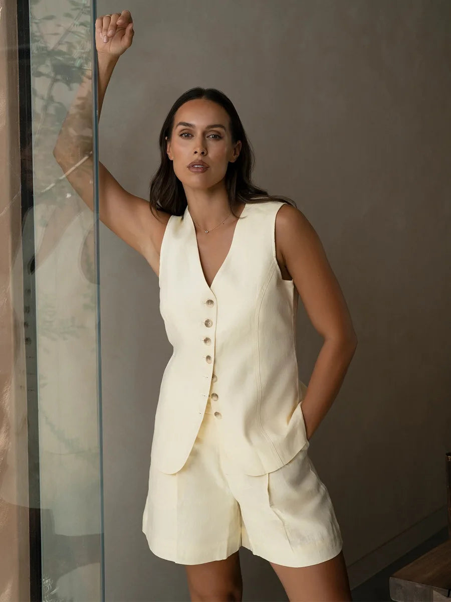 Shorts Sets - Cotton And linen Chic Casual Vest Shorts Set Women's Summer New Fashion Commuter Sleeveless Tank Top Shorts Suits