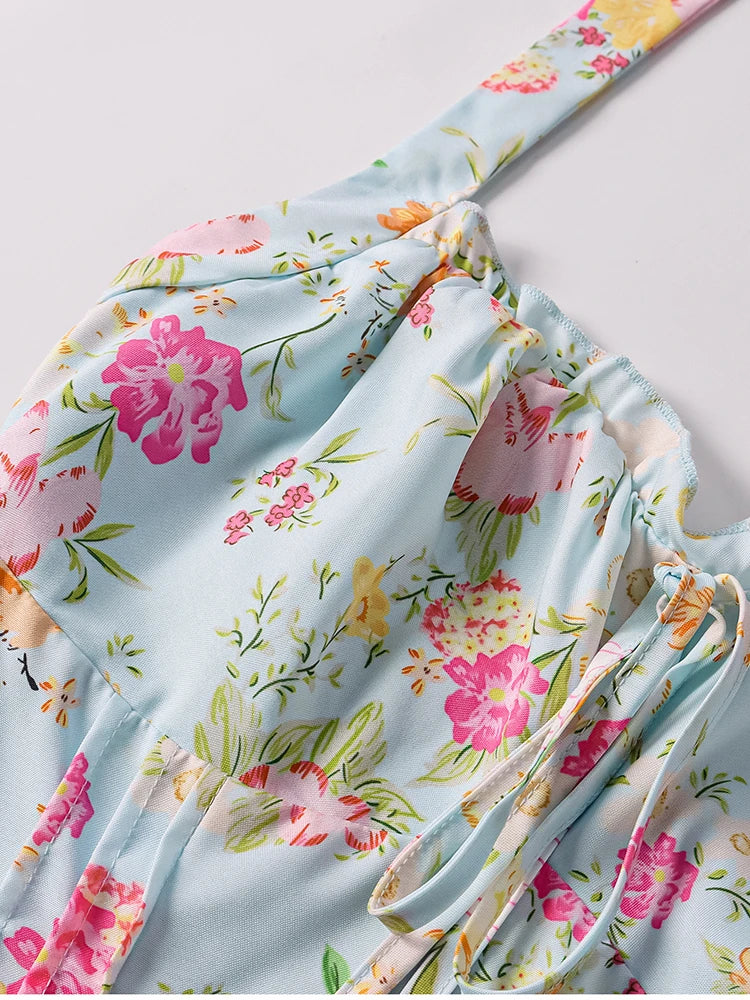 Floral Dresses - Women's Halter Backless Print Floral Midi Corset Dress Spaghetti Straps Tie Up Fashion Casual Holiday Long Dresses Pink