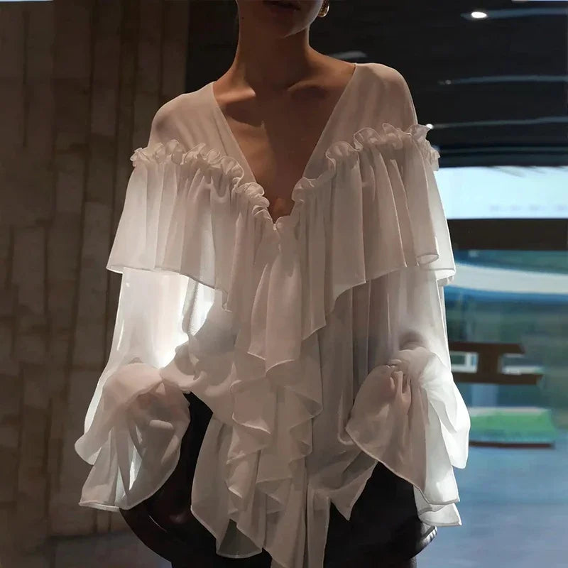 Blouses - Women's Chiffon Ruffle Shirts White Loose V-neck Lantern Sleeve See Through Blouses 2025 Spring Summer Lady Commute Outwears