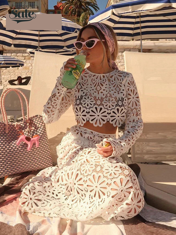 Matching Sets - Elegant See Through Crochet Top Women Set Hallow Out Flare Long Sleeve Top Slim Empire Hip Package Skirts 2025 Summer Lady Set