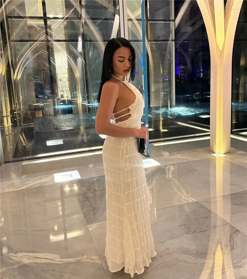 Party Dresses - Mozision Halter Backless Sexy Maxi Dress For Women Spring Summer New Lace-up Sleeveless Pleated Beach Holiday Long Dress Elegant