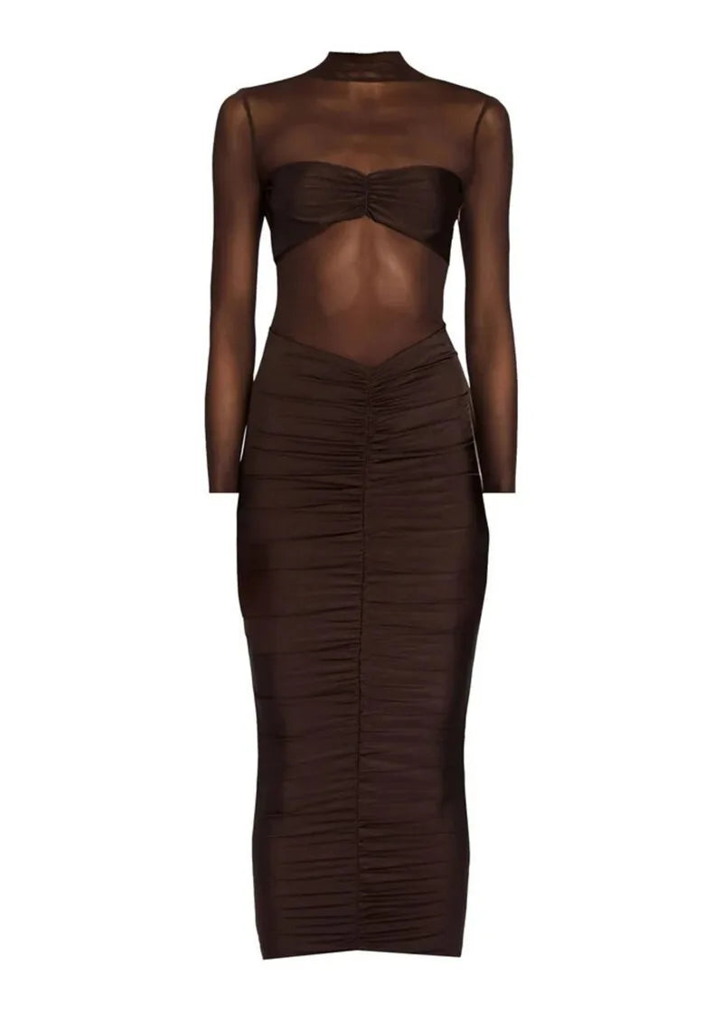 Bodycon dresses - Mozision Sheer Long Sleeve Ruched Sexy Maxi Dress Women Fashion Half High Collar See Through Backless Bodycon Sexy Long Dress