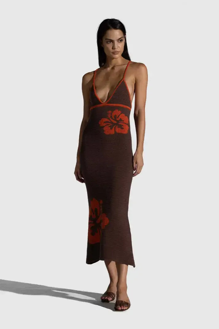 Vacation Dresses - 2024 Summer New Knitted Halterneck with Suspenders V-neck Sexy Backless Fashion Flower Print Slim Dress
