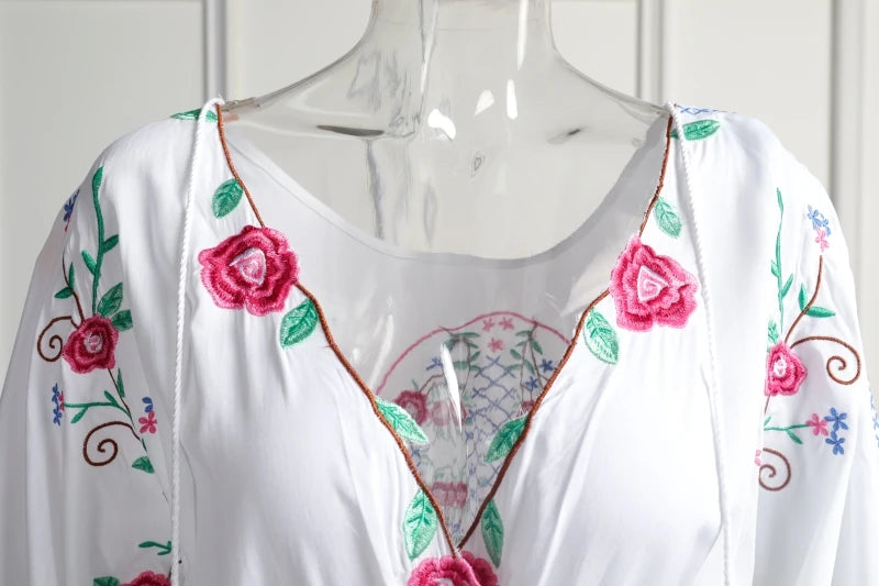 Kaftans - Jastie Embroidered Women Maxi Dress V-Neck Batwing Sleeve Loose Oversize Summer Dresses Drawstring Waist Boho Beach Vestidos