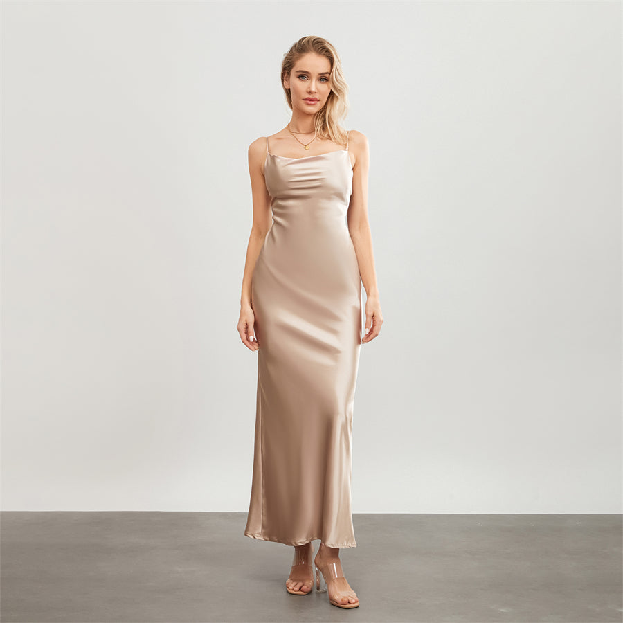Satin Dresses - Backless Spaghetti Straps Party Long Dresses 2024 New Evening Gown Satin Vestidos Women's Cowl Neck Slip Wrap Dress