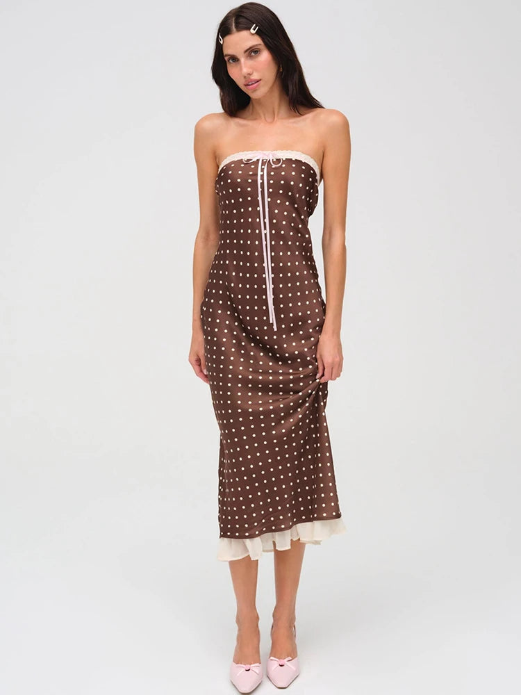 Strapless Dresses - Lace Strapless Backless Sexy Midi Dress For Women Fashion Off-shoulder Sleeveless Bodycon Polka Dot Dress Elegant