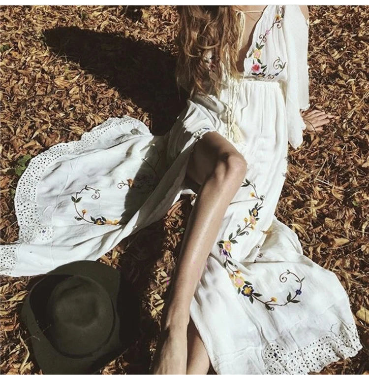 Kaftans - Jastie Embroidered Women Maxi Dress V-Neck Batwing Sleeve Loose Oversize Summer Dresses Drawstring Waist Boho Beach Vestidos