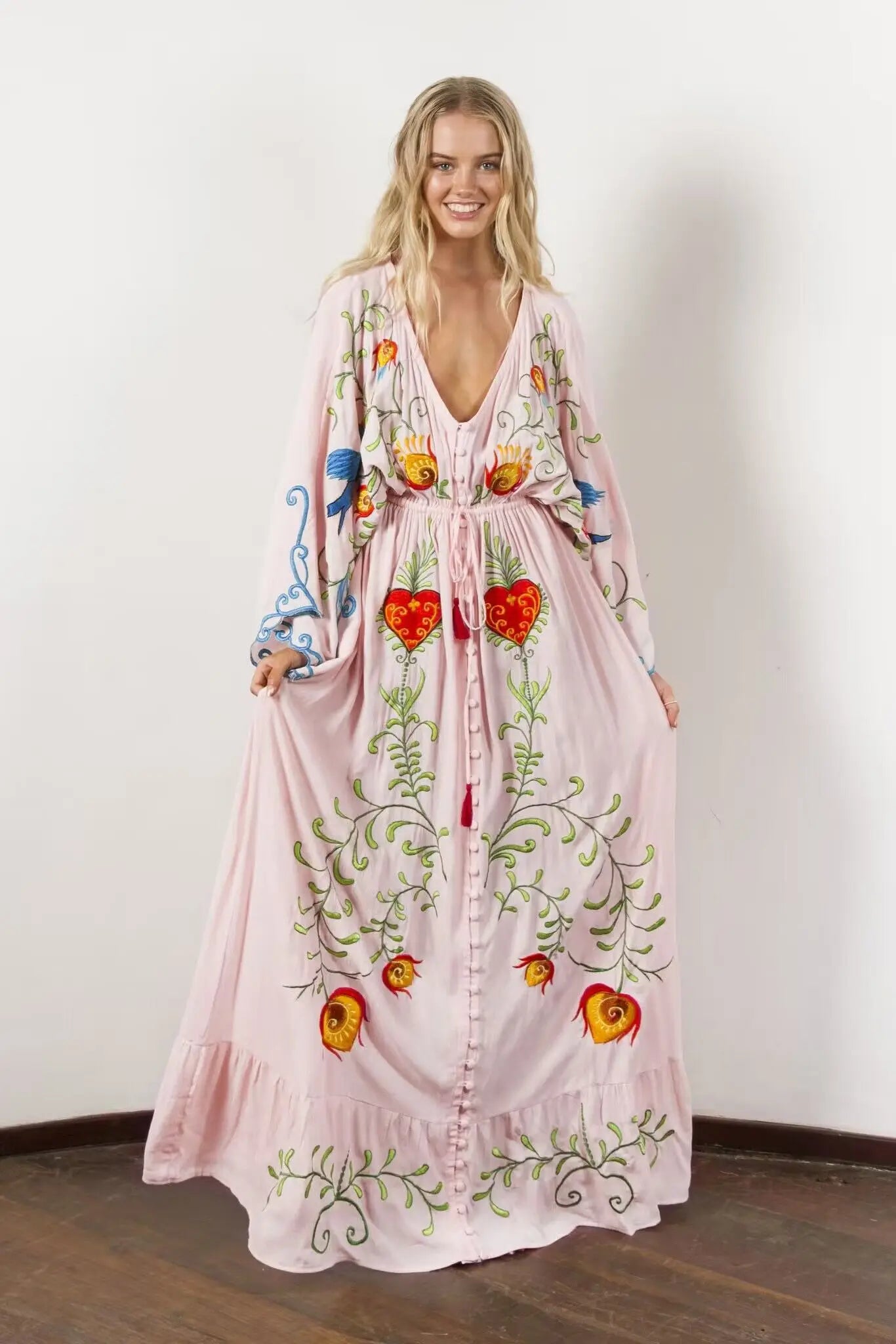 Kaftans - Jastie Embroidered Women Maxi Dress V-Neck Batwing Sleeve Loose Oversize Summer Dresses Drawstring Waist Boho Beach Vestidos