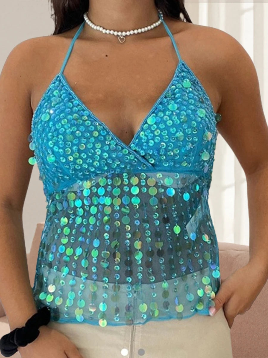 Tops - Women Y2k Sparkly Sequin Halter Beaded Camisole Cute Glitter Rhinestone Spaghetti Strap Backless Criss Cross Cami Top Blue