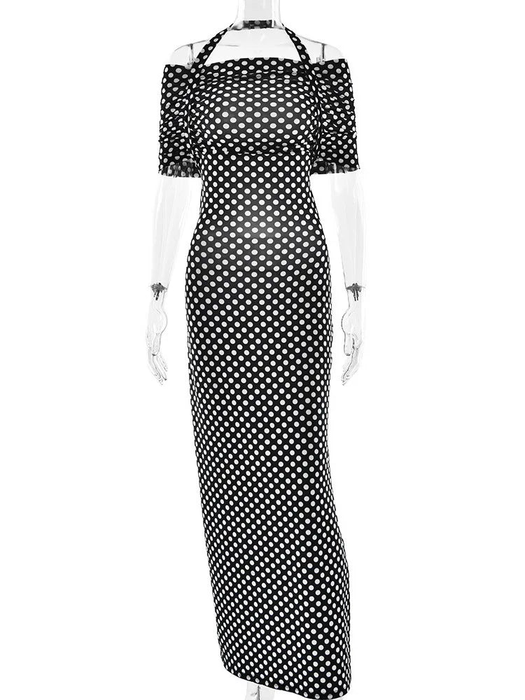 Halter Dresses - Off-shoulder Polka Dot Maxi Dress For Women Gown Fashion Halter Sleeveless Backless bodycon Split Long Dress Elegant