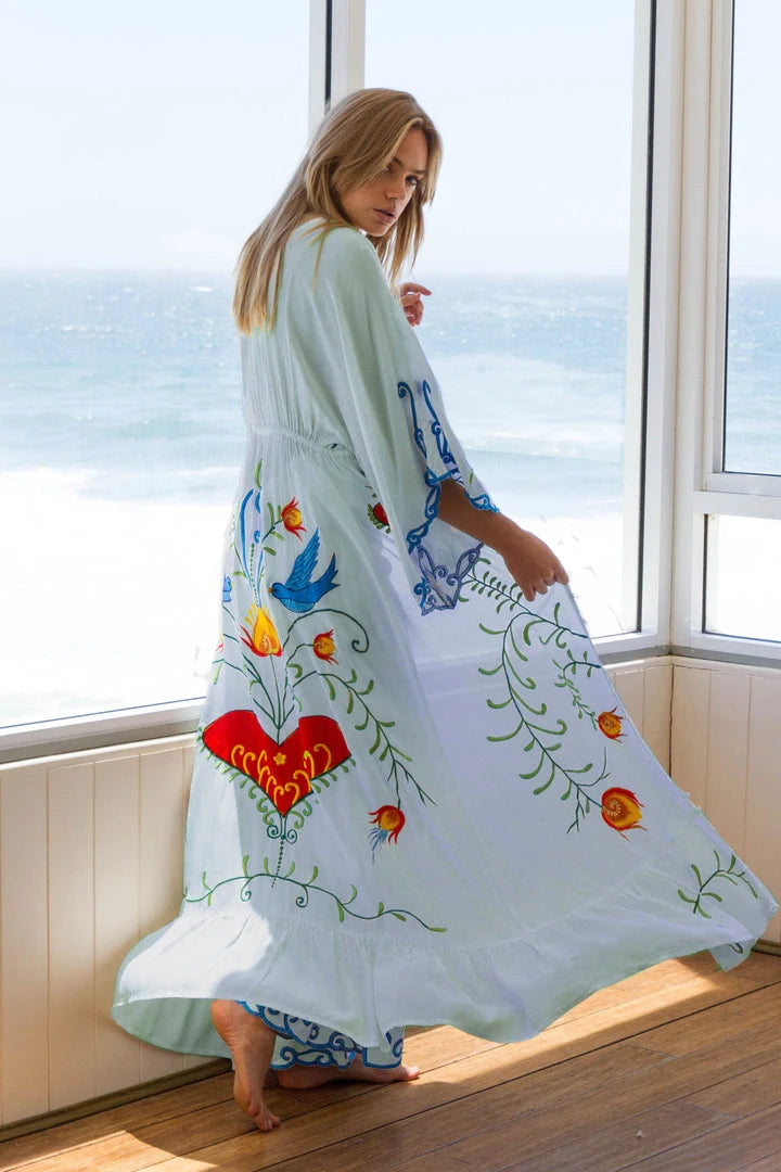 Kaftans - Jastie Embroidered Women Maxi Dress V-Neck Batwing Sleeve Loose Oversize Summer Dresses Drawstring Waist Boho Beach Vestidos