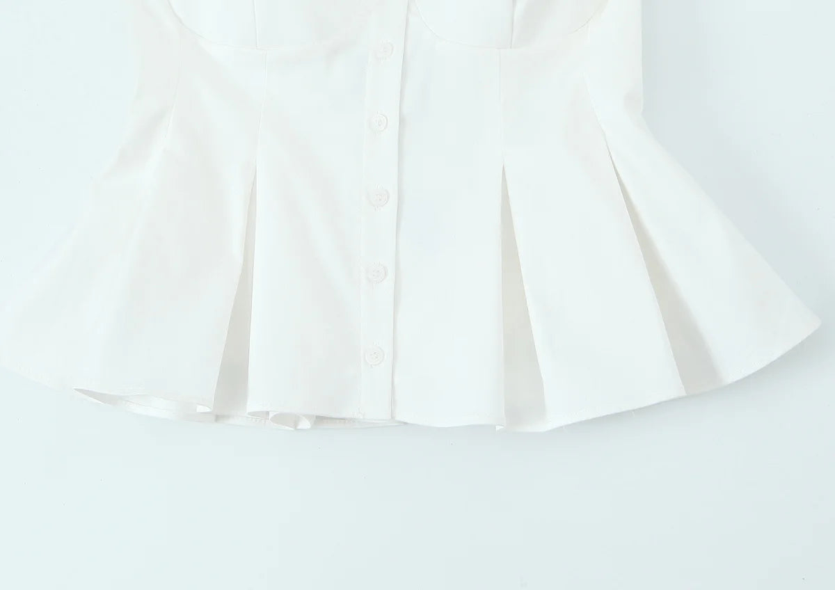 Cami Tops - Summer Women Striped Sleeveless V-Neck Mini Top Woman Slim High Street Short Dress Pleated Button Decoration Top