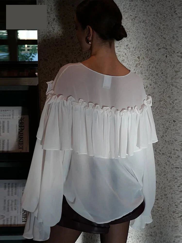 Blouses - Women's Chiffon Ruffle Shirts White Loose V-neck Lantern Sleeve See Through Blouses 2025 Spring Summer Lady Commute Outwears
