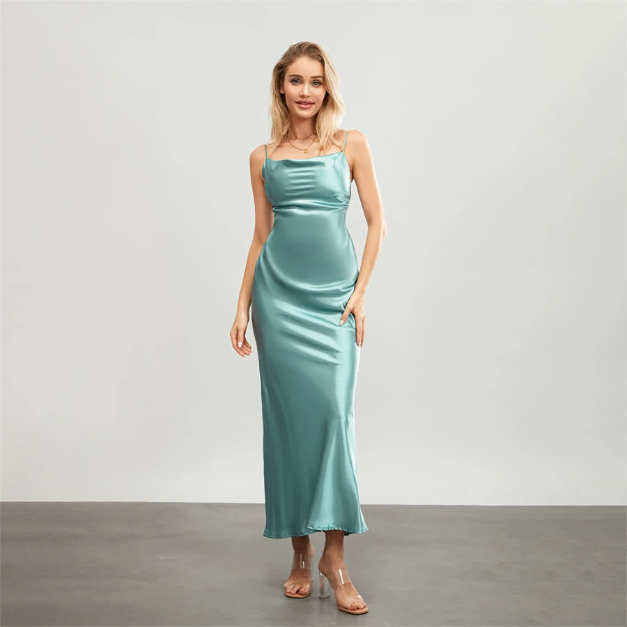 Satin Dresses - Backless Spaghetti Straps Party Long Dresses 2024 New Evening Gown Satin Vestidos Women's Cowl Neck Slip Wrap Dress