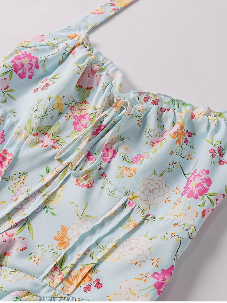 Floral Dresses - Women's Halter Backless Print Floral Midi Corset Dress Spaghetti Straps Tie Up Fashion Casual Holiday Long Dresses Pink