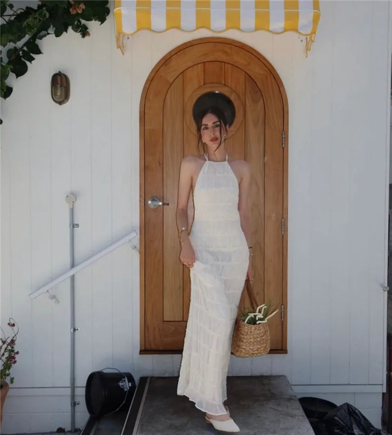 Party Dresses - Mozision Halter Backless Sexy Maxi Dress For Women Spring Summer New Lace-up Sleeveless Pleated Beach Holiday Long Dress Elegant