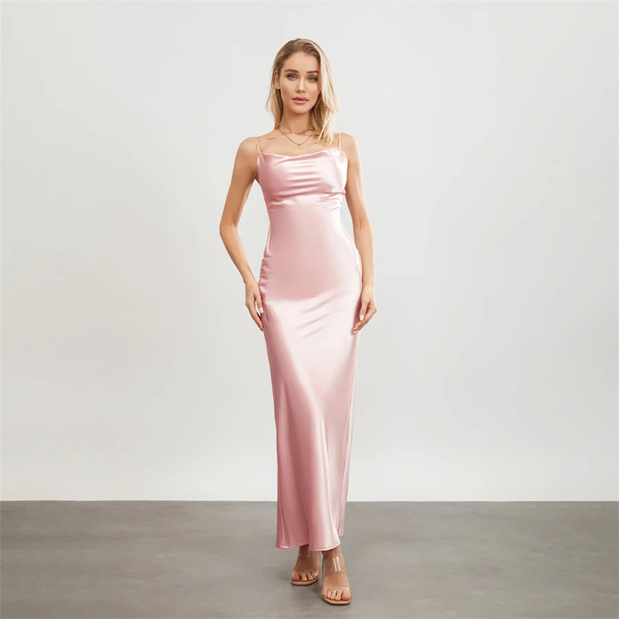 Satin Dresses - Backless Spaghetti Straps Party Long Dresses 2024 New Evening Gown Satin Vestidos Women's Cowl Neck Slip Wrap Dress