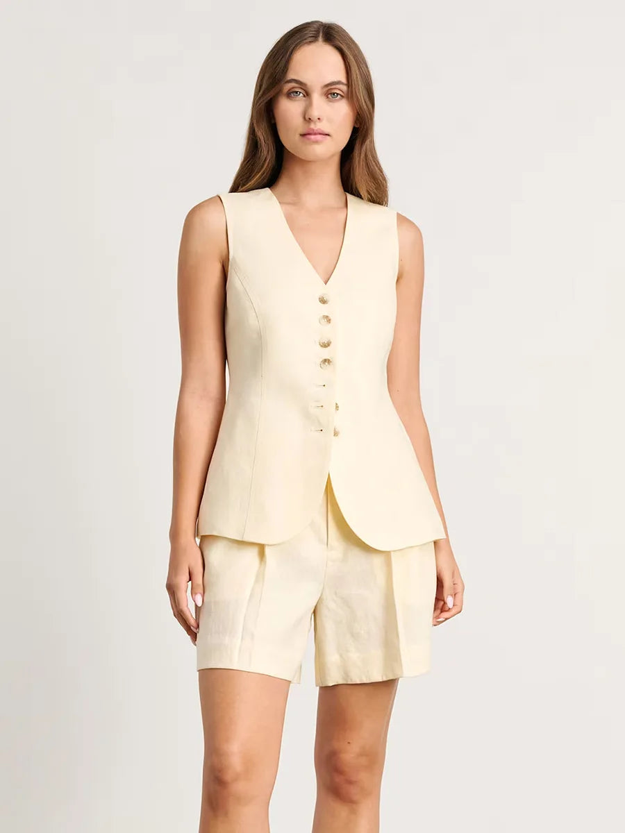 Shorts Sets - Cotton And linen Chic Casual Vest Shorts Set Women's Summer New Fashion Commuter Sleeveless Tank Top Shorts Suits