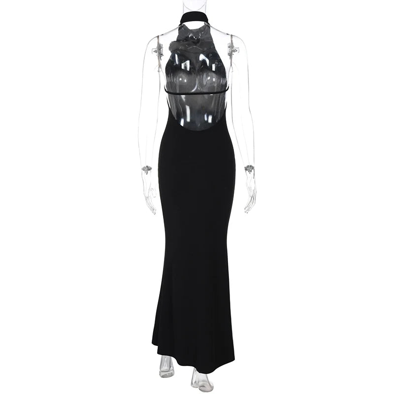 Elegant Dresses - Flower Sleeveless Sexy Maxi Dress For Women Gown Fashion Halter Backless Bodycon Evening Club Long Dress Vestido