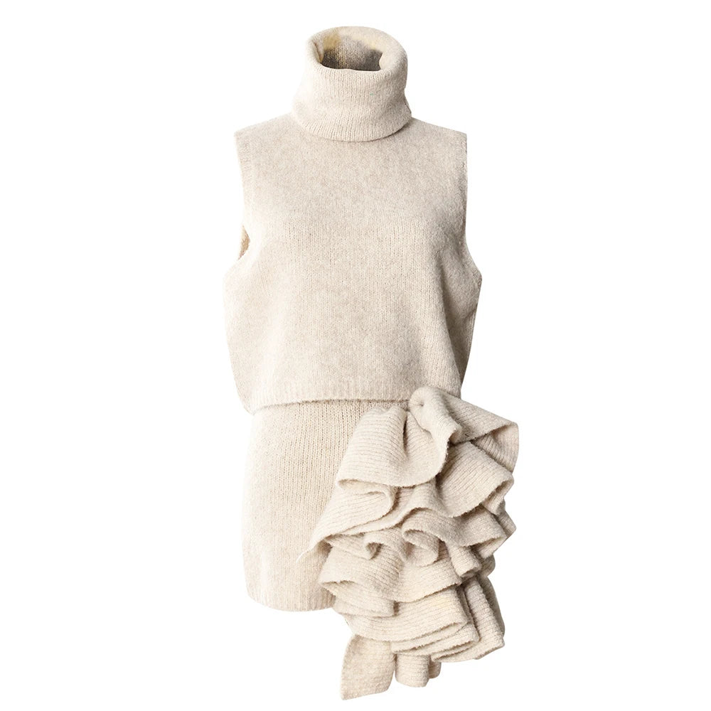 Knitwear - TWOTWINSTYLE Three Piece Set For Women Lapel Long Sleeve Coat High Neck Vest High Waist Patchwork Appliques Skirt Sets Female