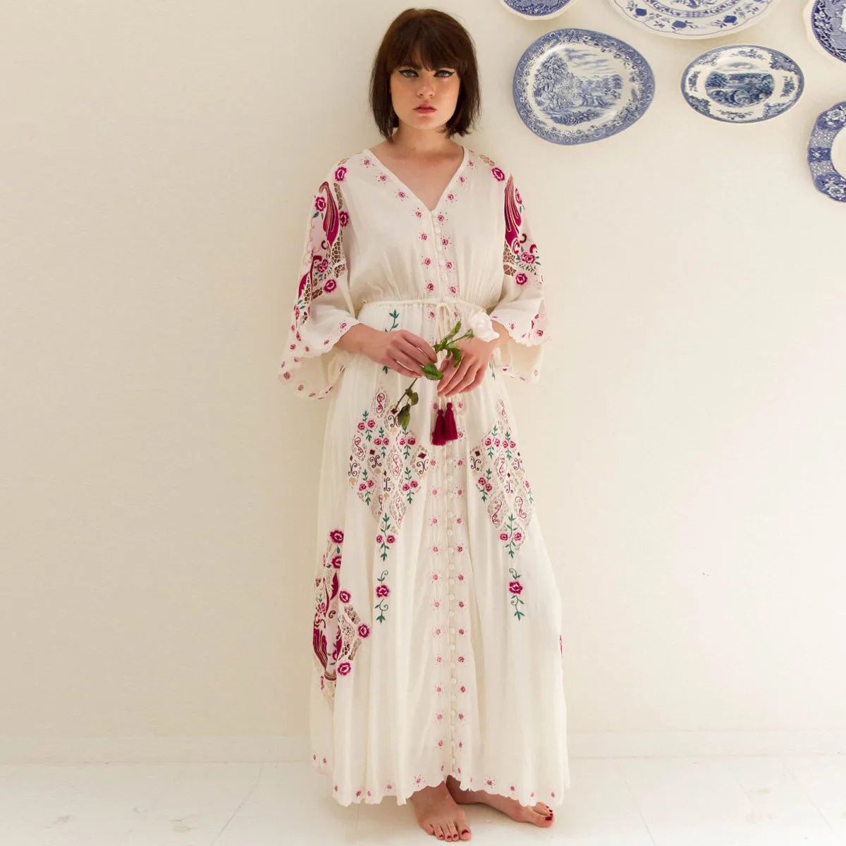 Kaftans - Jastie Embroidered Women Maxi Dress V-Neck Batwing Sleeve Loose Oversize Summer Dresses Drawstring Waist Boho Beach Vestidos