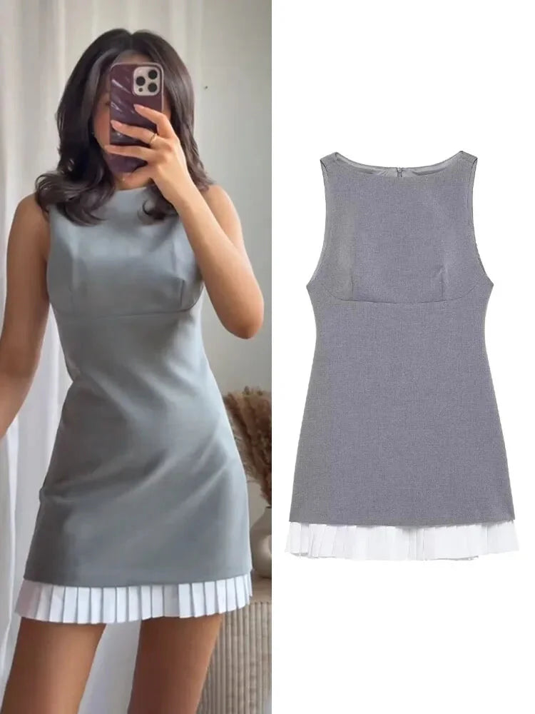 Business Casual Dresses - Women's High Street Sexy Dress Grey O-Neck Sleeveless Patchwork Decorate Zipper Female Summer Fashion Mini Dresses