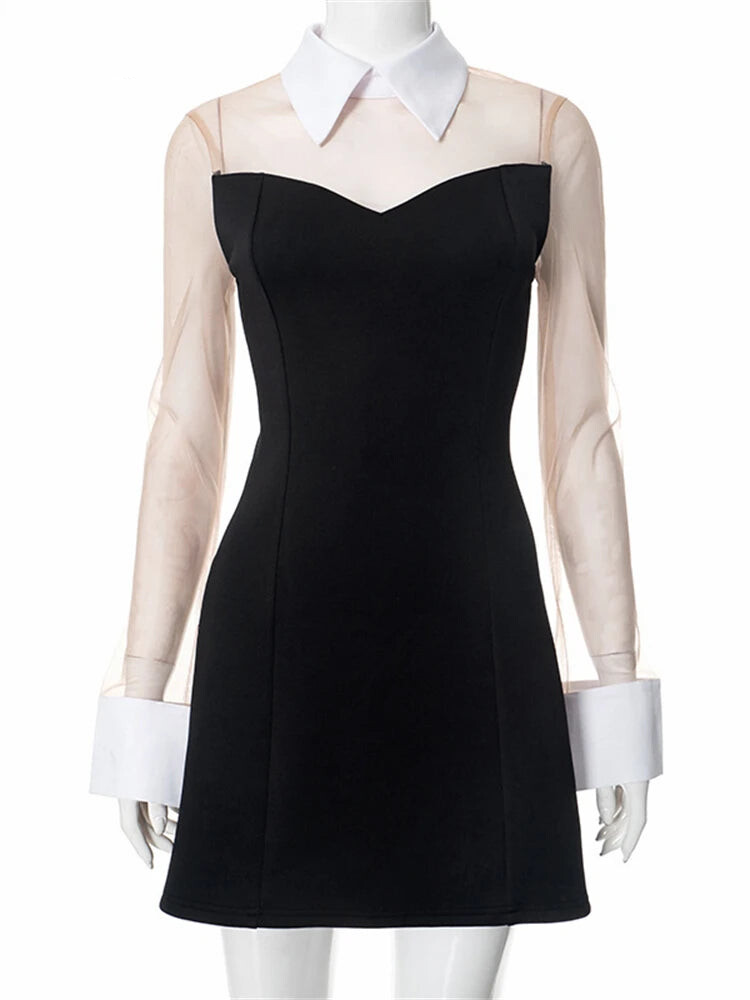 Shirt Dresses - Pullover Women Sexy Mesh See Through Turn Down Collar Night Club Dress Evening Party Summer Short Elegant Fashion Dress