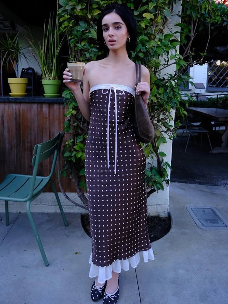 Strapless Dresses - Lace Strapless Backless Sexy Midi Dress For Women Fashion Off-shoulder Sleeveless Bodycon Polka Dot Dress Elegant