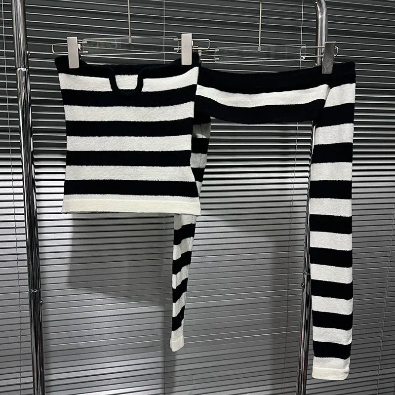 Off Shoulder Tops - Women's Fashion Striped Contrast Color Two-pieces Set Stretch Strapless Long Sleeve Knit Tops 2025 Spring New 33A2346