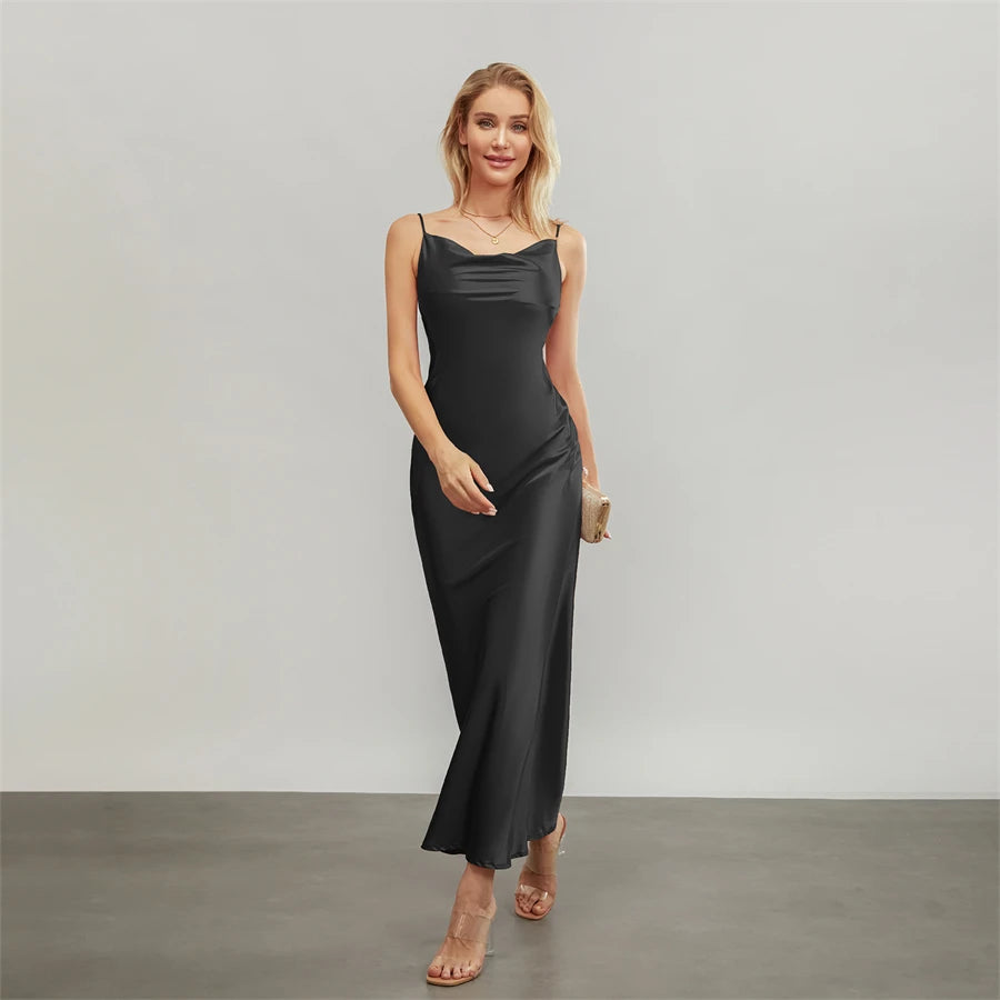 Satin Dresses - Backless Spaghetti Straps Party Long Dresses 2024 New Evening Gown Satin Vestidos Women's Cowl Neck Slip Wrap Dress