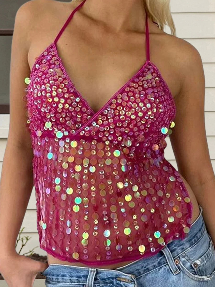 Tops - Women Y2k Sparkly Sequin Halter Beaded Camisole Cute Glitter Rhinestone Spaghetti Strap Backless Criss Cross Cami Top Blue