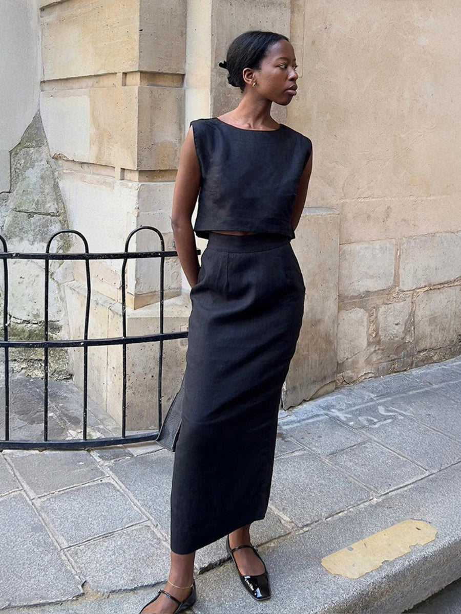 Skirts set - Cotton Linen Vest Half Skirt 2-Piece Set Women's Summer New INS Chic Short Vest Casual Set Split Long Skirt Suits