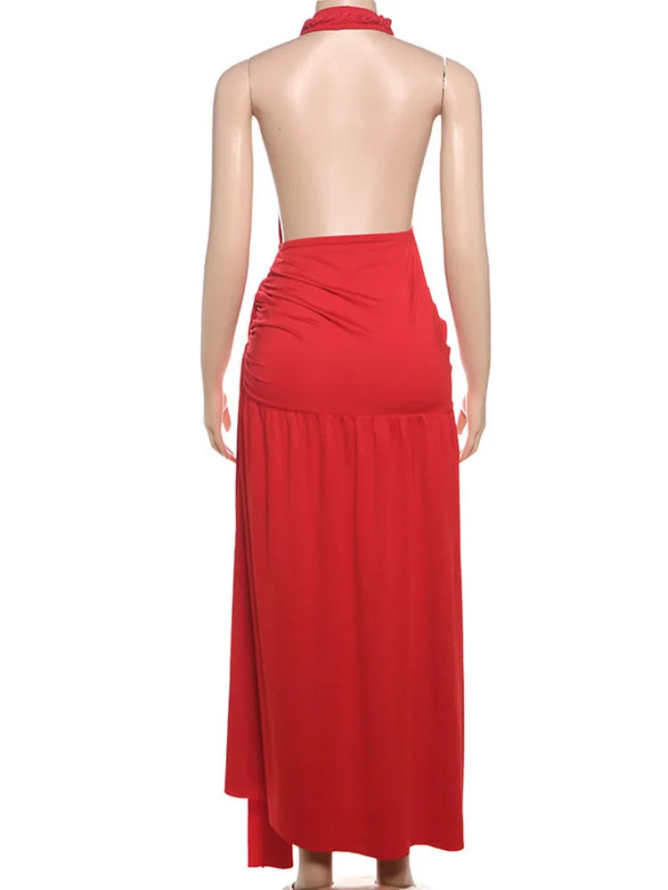 Plunging Dresses - Halter Deep V Neck Sexy Maxi Dress For Women Gown Fashion Solid Sleeveless Backless Draped Ruched Bodycon Long Dress