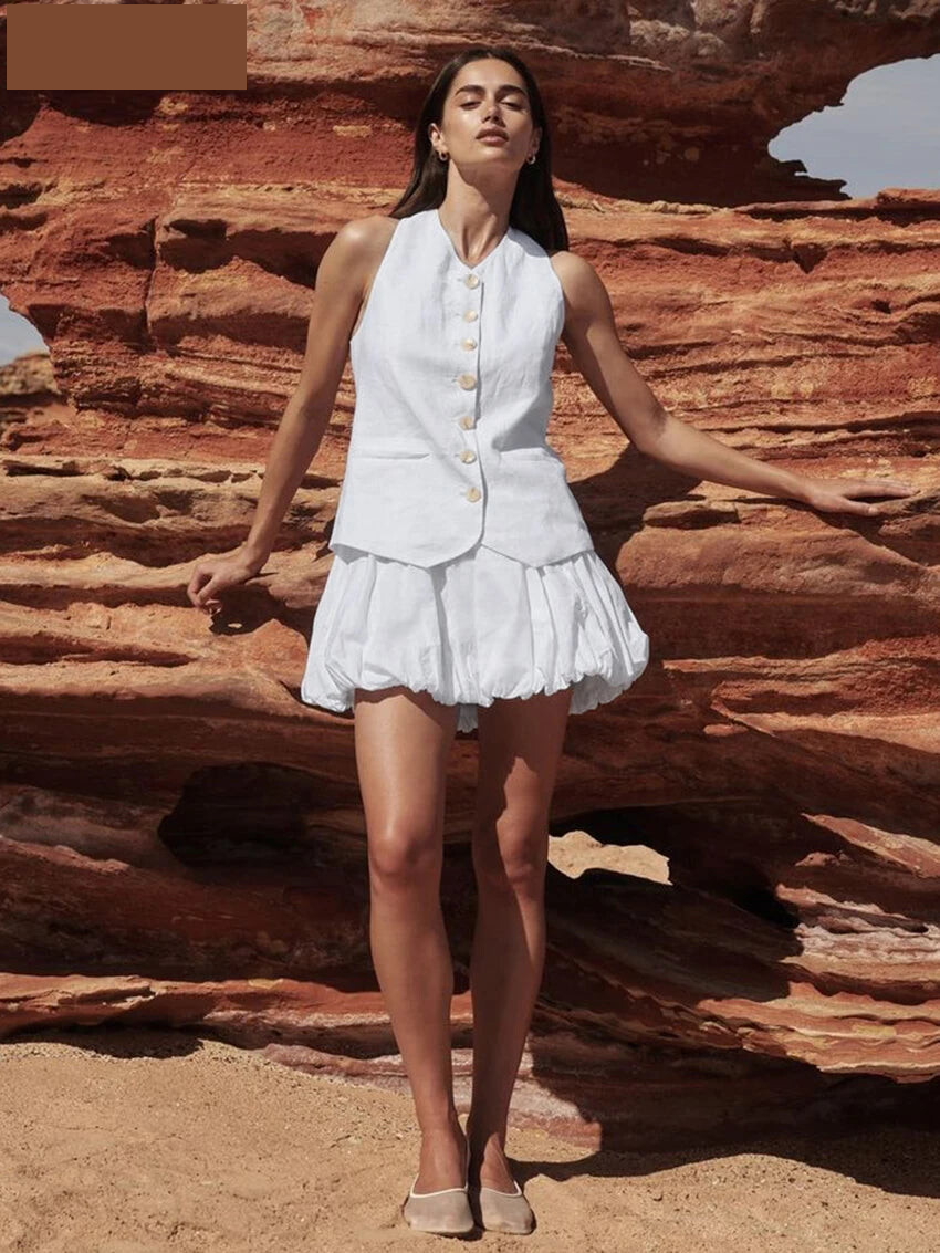 Skirts set - Summer Loose White Cotton 2 Piece Sets Women Outfit Fashion Sleeveless Tank Top With High Waist Pleated Mini Skirt Set